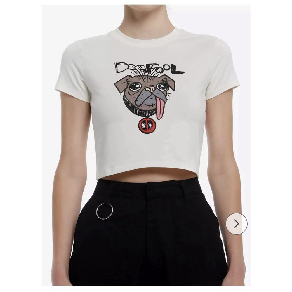 Marvel Deadpool Women’s Baby Tee Cropped Graphic T-Shirt Small DogPool Hot Topic